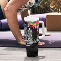 Personalised Hawaii Tumbler With Handle Humpback Whale Tattoo With Tropical Flowers Black LT14 - Polynesian Pride