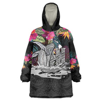 Personalised Hawaii Wearable Blanket Hoodie Humpback Whale Tattoo With Tropical Flowers Black LT14 One Size Black - Polynesian Pride