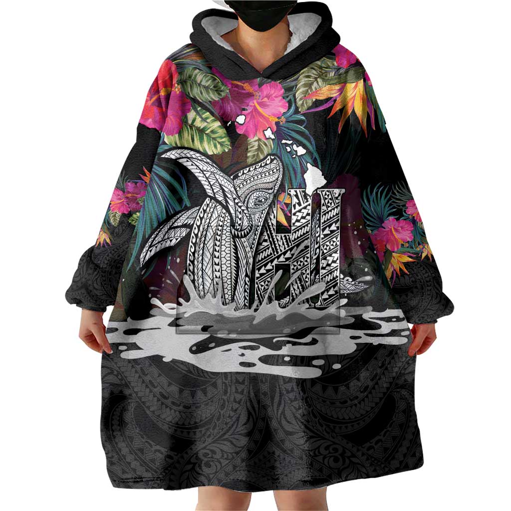 Personalised Hawaii Wearable Blanket Hoodie Humpback Whale Tattoo With Tropical Flowers Black LT14 - Polynesian Pride