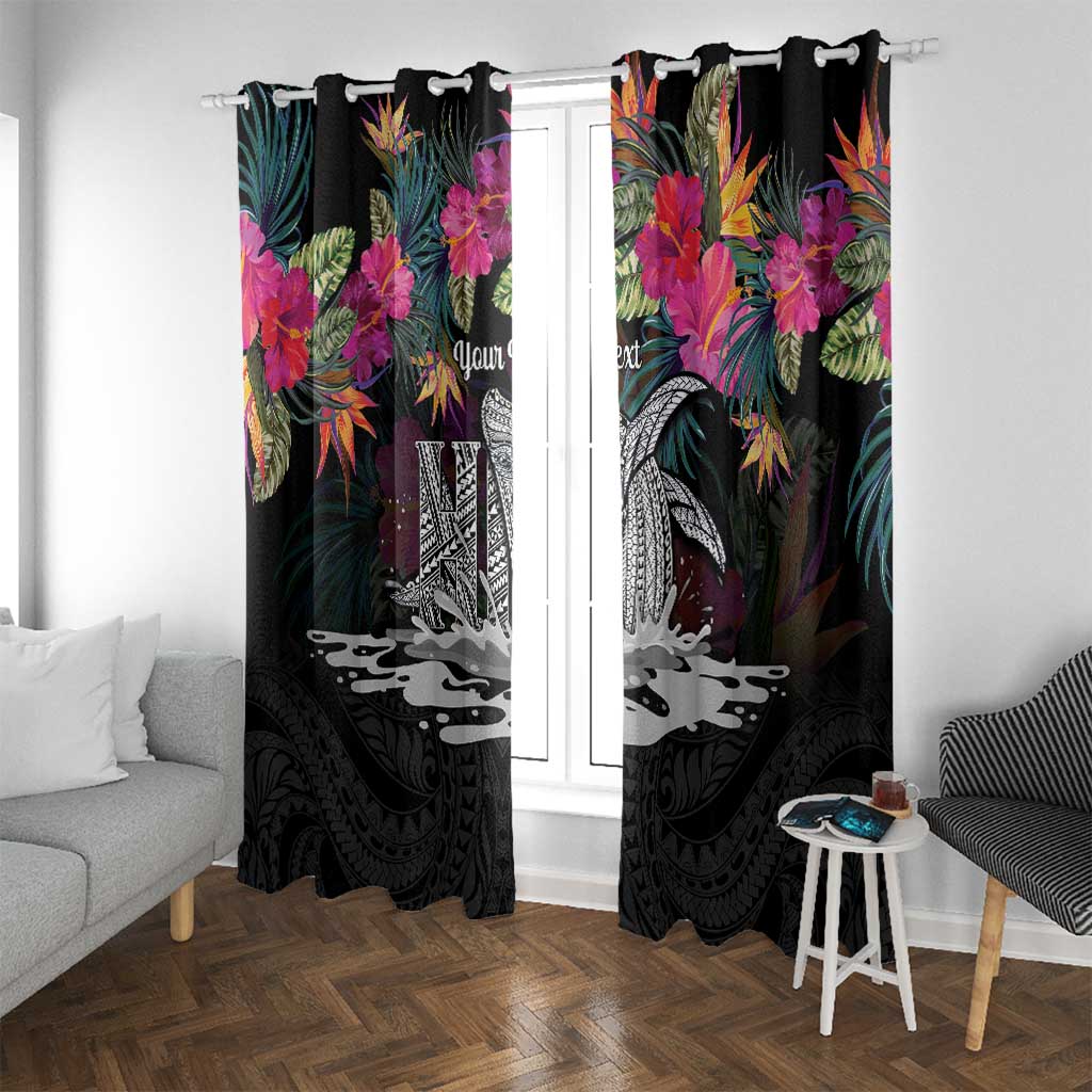 Personalised Hawaii Window Curtain Humpback Whale Tattoo With Tropical Flowers Black LT14 With Grommets Black - Polynesian Pride