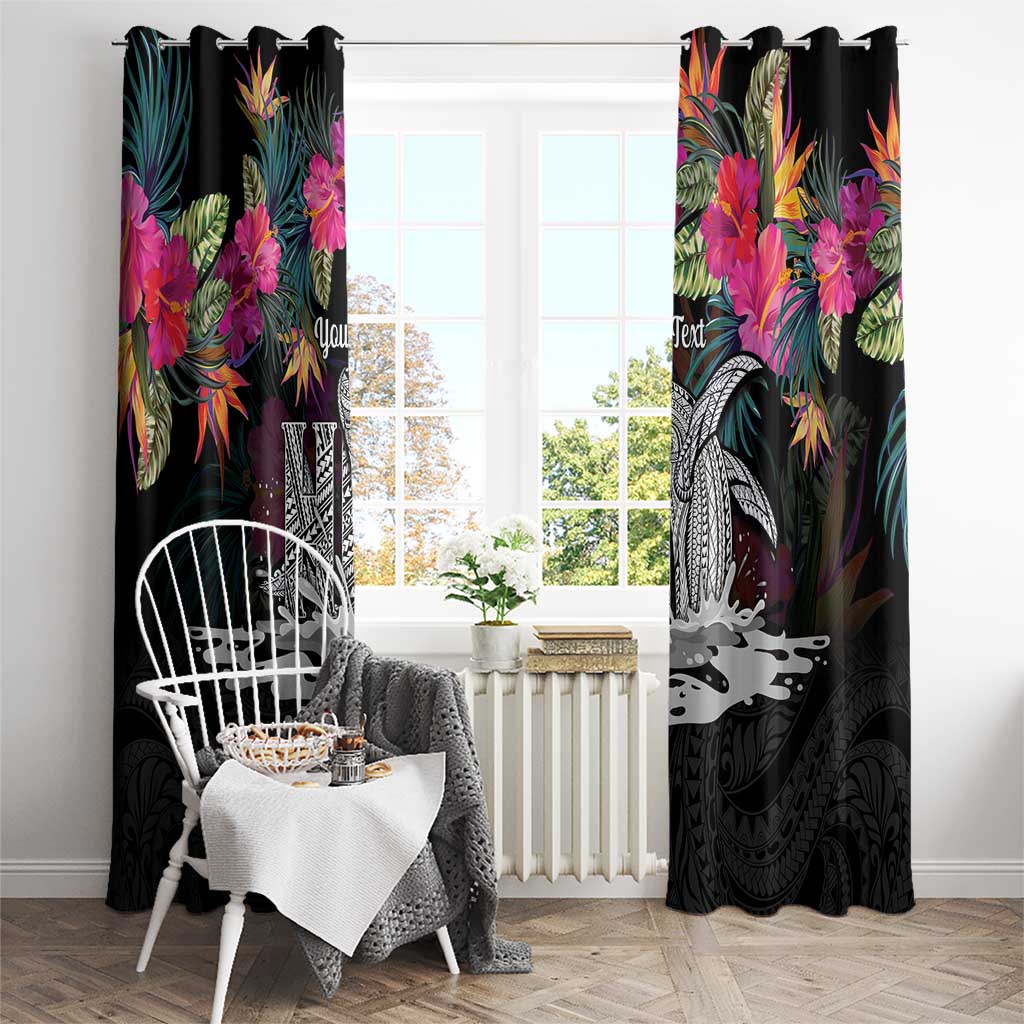 Personalised Hawaii Window Curtain Humpback Whale Tattoo With Tropical Flowers Black LT14 - Polynesian Pride