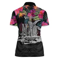 Personalised Hawaii Women Polo Shirt Humpback Whale Tattoo With Tropical Flowers Black LT14 - Polynesian Pride