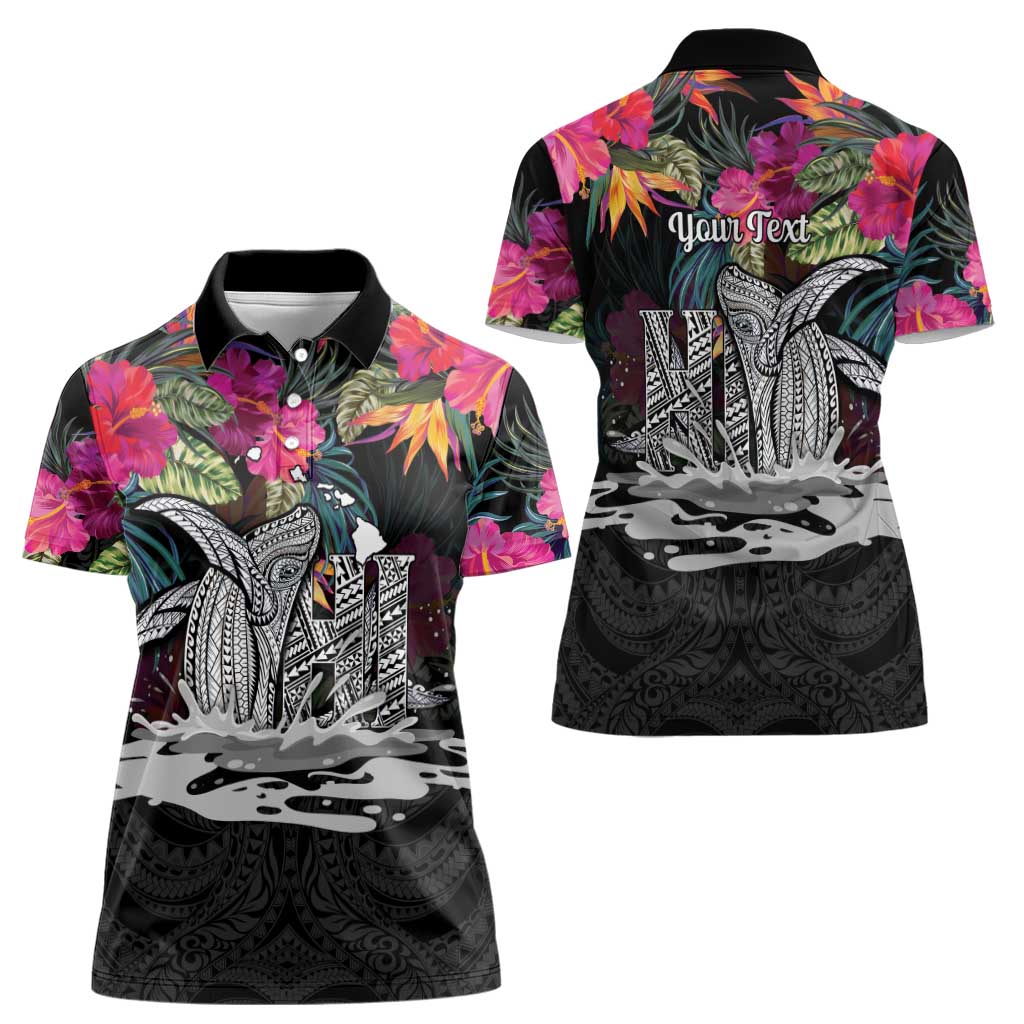 Personalised Hawaii Women Polo Shirt Humpback Whale Tattoo With Tropical Flowers Black LT14 - Polynesian Pride