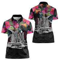 Personalised Hawaii Women Polo Shirt Humpback Whale Tattoo With Tropical Flowers Black LT14 - Polynesian Pride