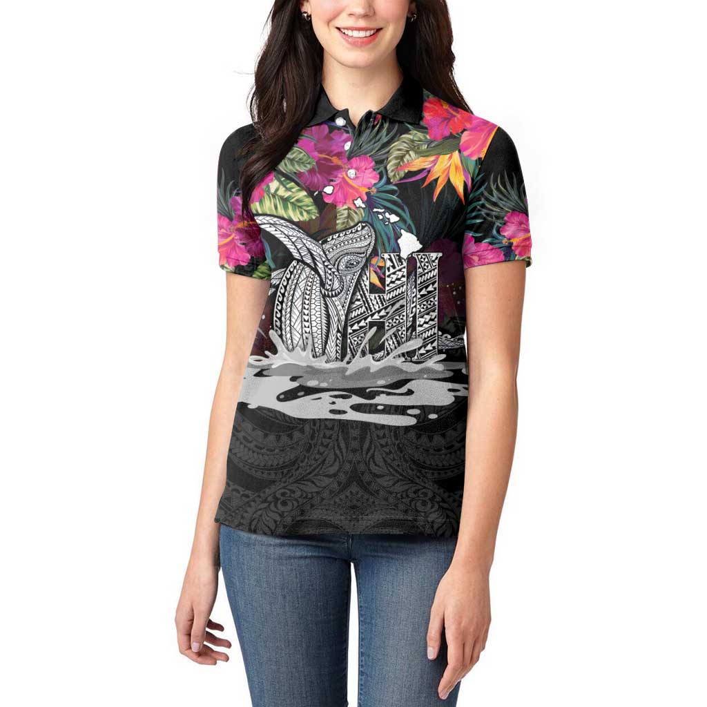 Personalised Hawaii Women Polo Shirt Humpback Whale Tattoo With Tropical Flowers Black LT14 - Polynesian Pride