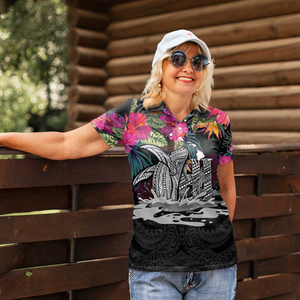 Personalised Hawaii Women Polo Shirt Humpback Whale Tattoo With Tropical Flowers Black LT14 - Polynesian Pride