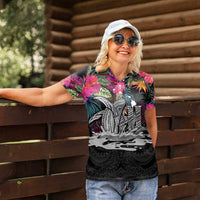 Personalised Hawaii Women Polo Shirt Humpback Whale Tattoo With Tropical Flowers Black LT14 - Polynesian Pride