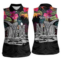 Personalised Hawaii Women Sleeveless Polo Shirt Humpback Whale Tattoo With Tropical Flowers Black LT14 - Polynesian Pride