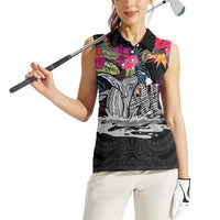 Personalised Hawaii Women Sleeveless Polo Shirt Humpback Whale Tattoo With Tropical Flowers Black LT14 - Polynesian Pride