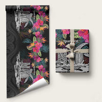 Personalised Hawaii Wrapping Paper Humpback Whale Tattoo With Tropical Flowers Black LT14 58" × 23" Black - Polynesian Pride
