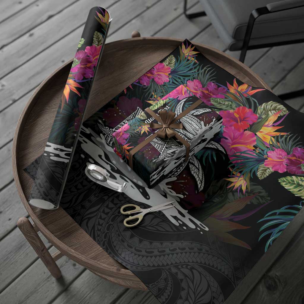 Personalised Hawaii Wrapping Paper Humpback Whale Tattoo With Tropical Flowers Black LT14 - Polynesian Pride