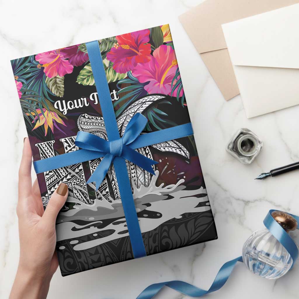 Personalised Hawaii Wrapping Paper Humpback Whale Tattoo With Tropical Flowers Black LT14 - Polynesian Pride