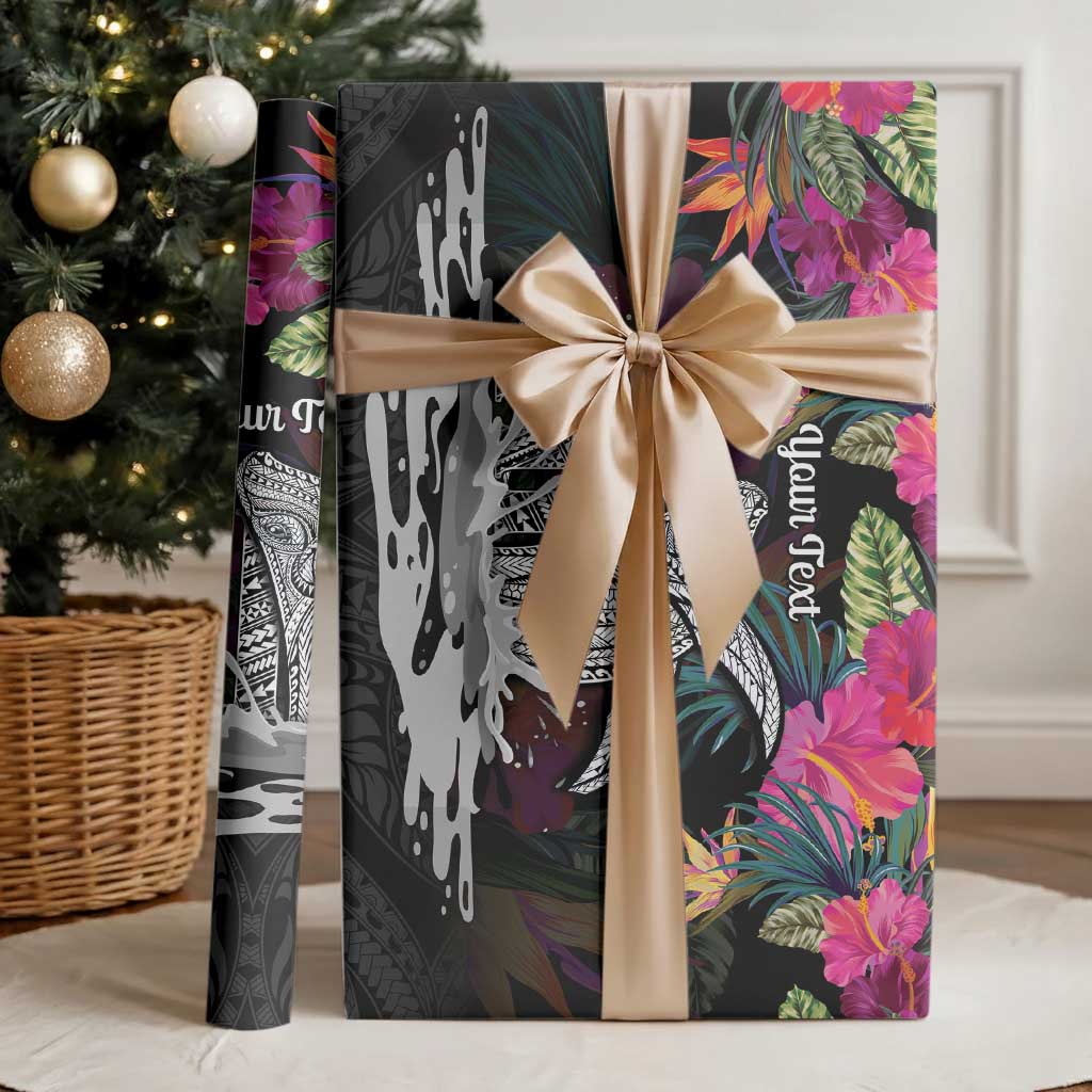 Personalised Hawaii Wrapping Paper Humpback Whale Tattoo With Tropical Flowers Black LT14 - Polynesian Pride