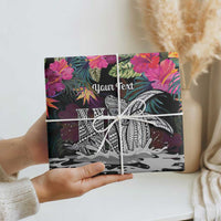 Personalised Hawaii Wrapping Paper Humpback Whale Tattoo With Tropical Flowers Black LT14 - Polynesian Pride
