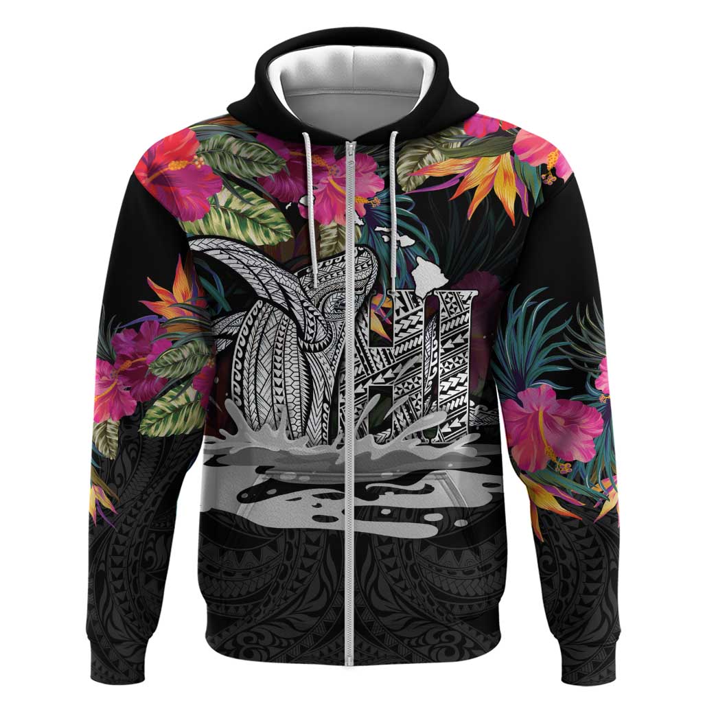 Personalised Hawaii Zip Hoodie Humpback Whale Tattoo With Tropical Flowers Black LT14 Zip Hoodie Black - Polynesian Pride