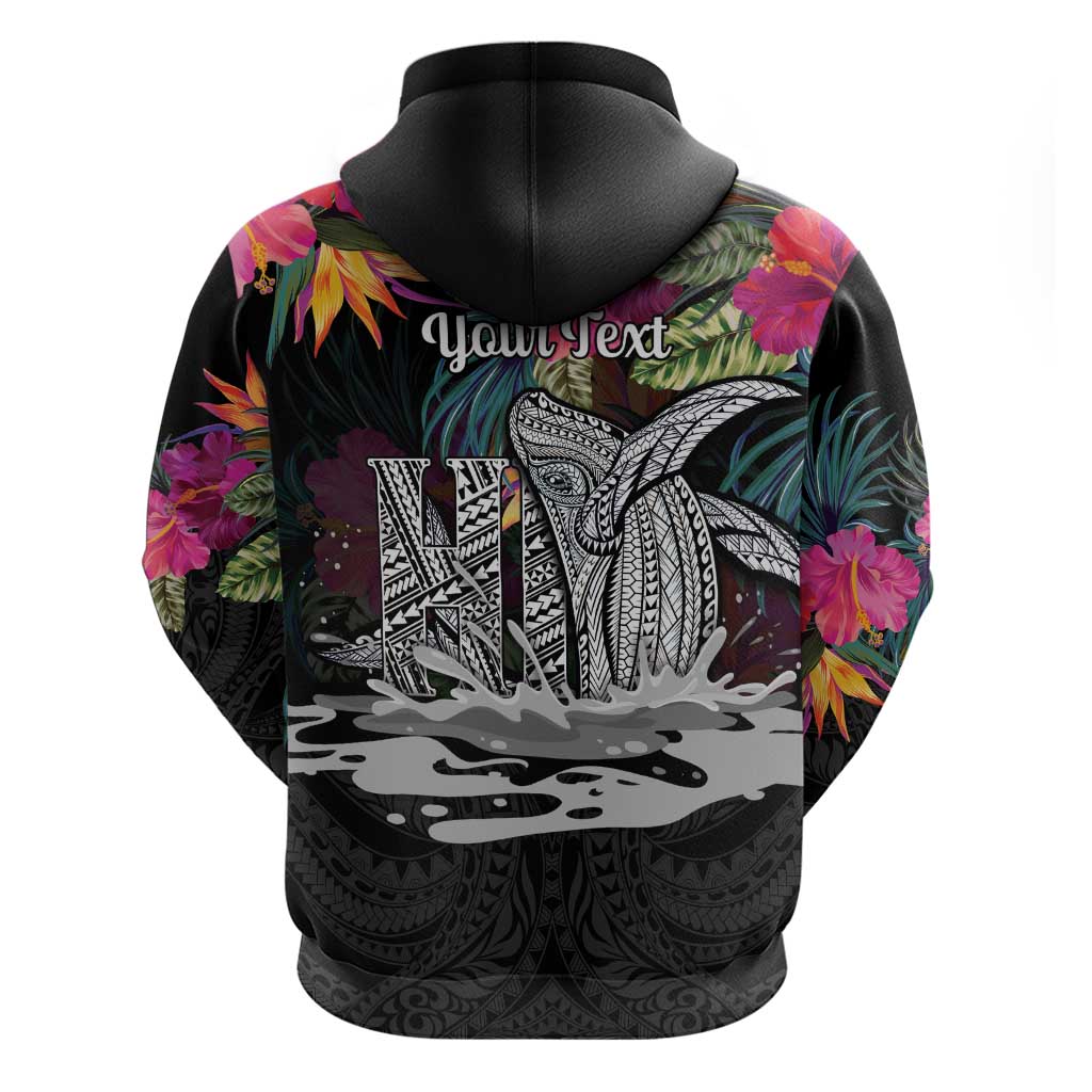 Personalised Hawaii Zip Hoodie Humpback Whale Tattoo With Tropical Flowers Black LT14 - Polynesian Pride
