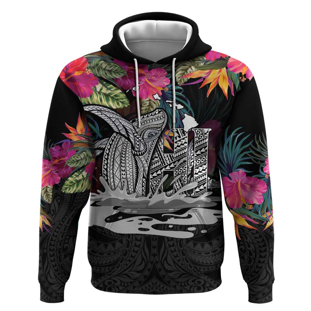 Personalised Hawaii Zip Hoodie Humpback Whale Tattoo With Tropical Flowers Black LT14 Pullover Hoodie Black - Polynesian Pride
