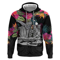 Personalised Hawaii Zip Hoodie Humpback Whale Tattoo With Tropical Flowers Black LT14 Pullover Hoodie Black - Polynesian Pride