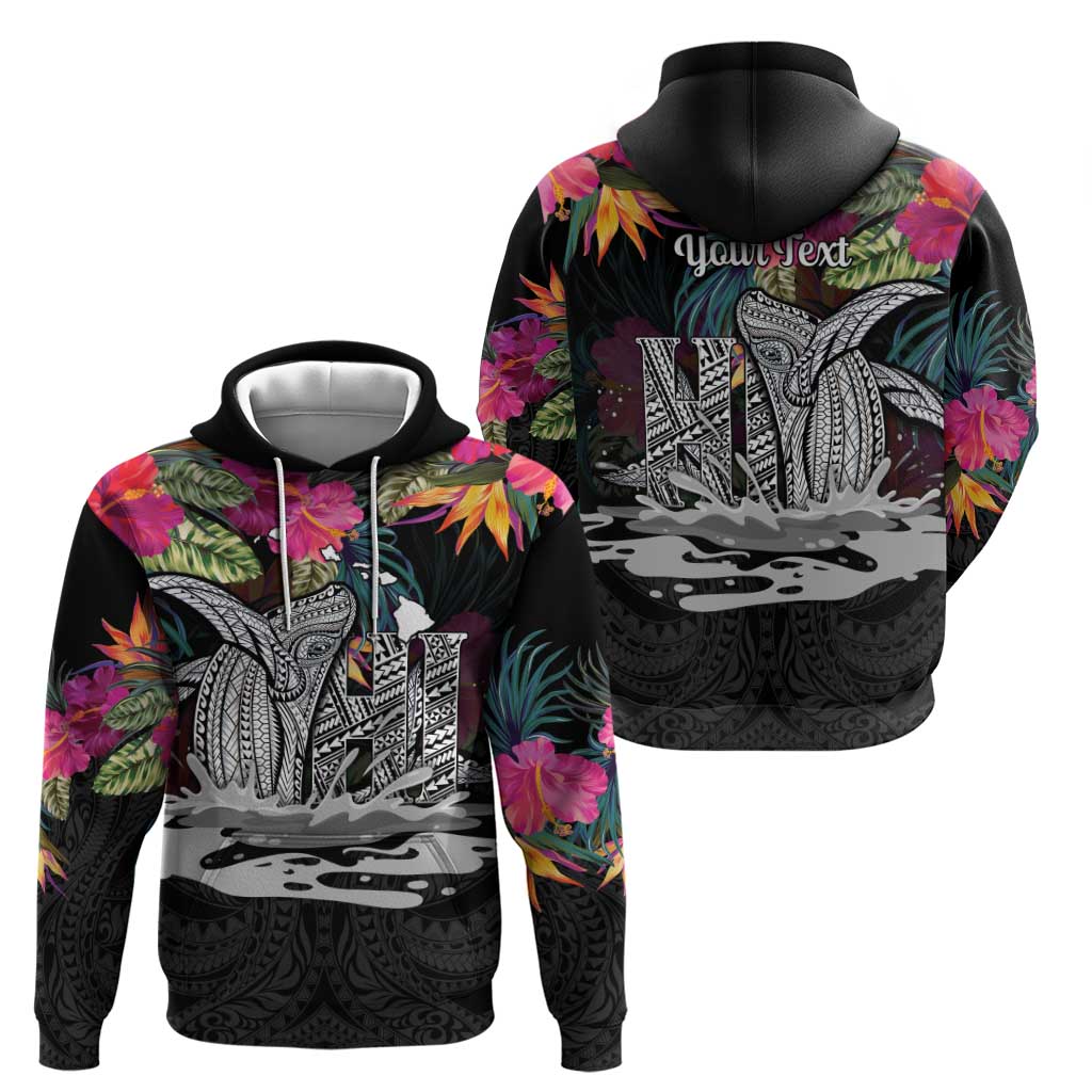 Personalised Hawaii Zip Hoodie Humpback Whale Tattoo With Tropical Flowers Black LT14 - Polynesian Pride