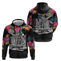 Personalised Hawaii Zip Hoodie Humpback Whale Tattoo With Tropical Flowers Black LT14 - Polynesian Pride