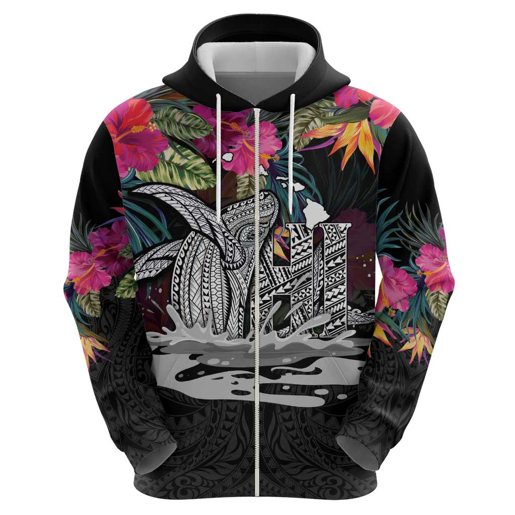Personalised Hawaii Zip Hoodie Humpback Whale Tattoo With Tropical Flowers Black LT14 - Polynesian Pride