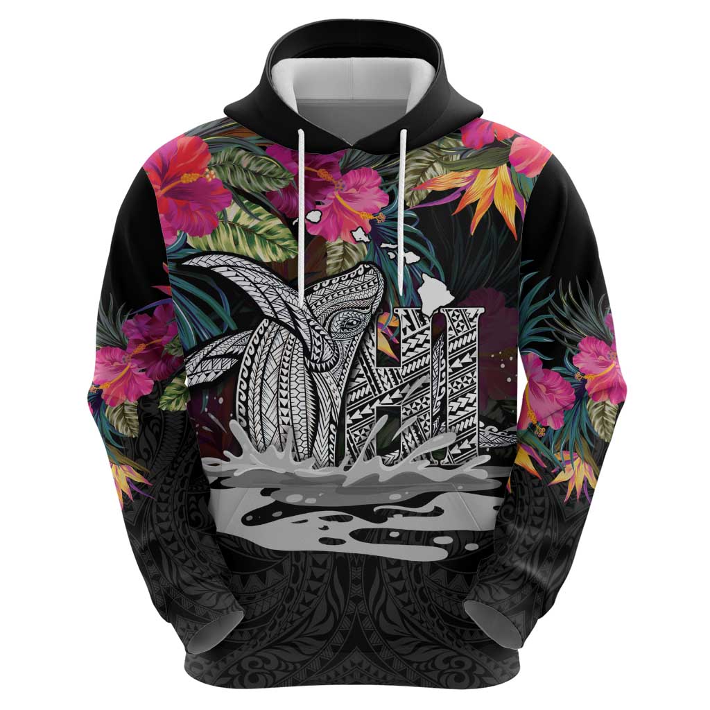 Personalised Hawaii Zip Hoodie Humpback Whale Tattoo With Tropical Flowers Black LT14 - Polynesian Pride