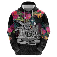 Personalised Hawaii Zip Hoodie Humpback Whale Tattoo With Tropical Flowers Black LT14 - Polynesian Pride