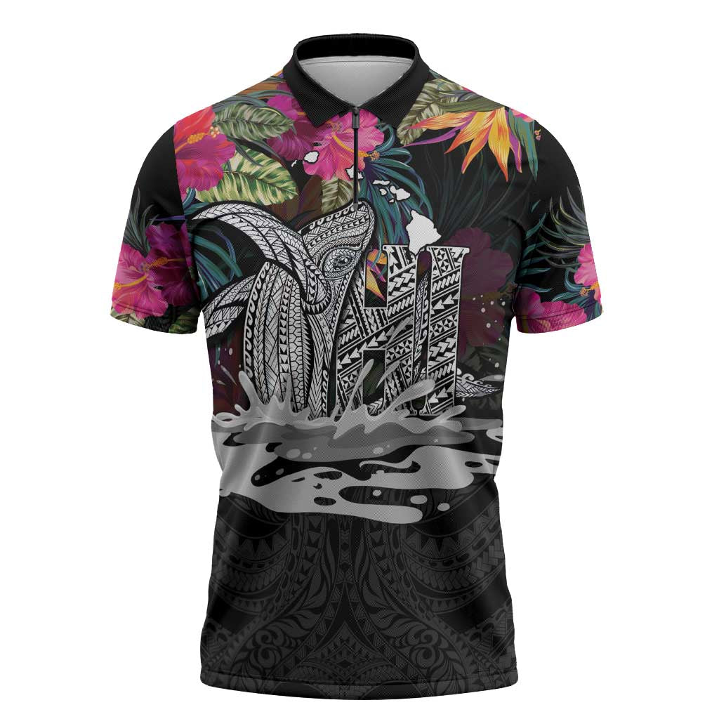 Personalised Hawaii Zipper Polo Shirt Humpback Whale Tattoo With Tropical Flowers Black LT14 Black - Polynesian Pride