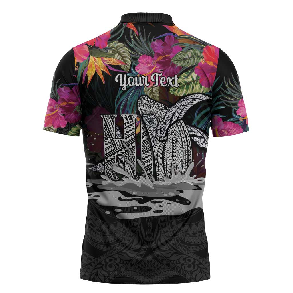 Personalised Hawaii Zipper Polo Shirt Humpback Whale Tattoo With Tropical Flowers Black LT14 - Polynesian Pride