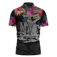 Personalised Hawaii Zipper Polo Shirt Humpback Whale Tattoo With Tropical Flowers Black LT14 - Polynesian Pride