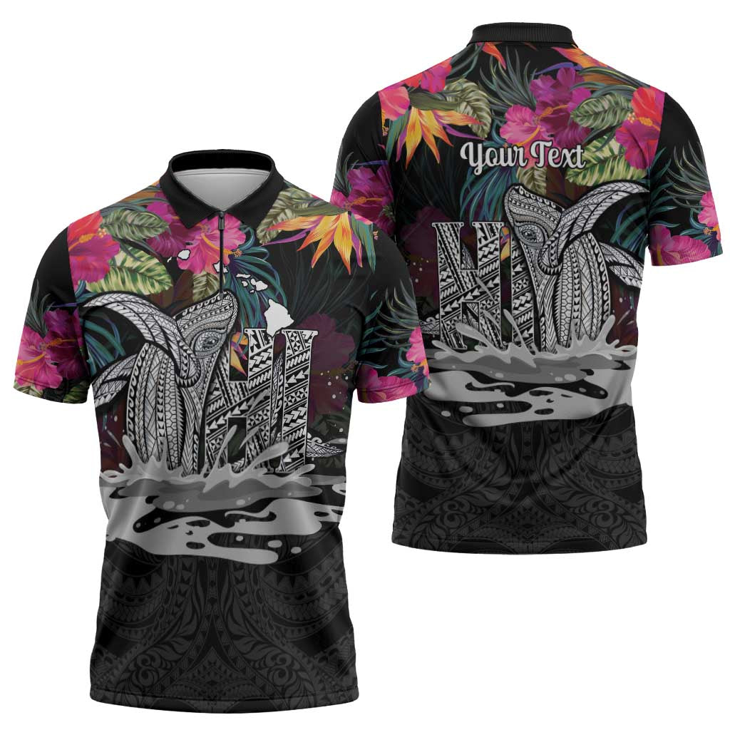 Personalised Hawaii Zipper Polo Shirt Humpback Whale Tattoo With Tropical Flowers Black LT14 - Polynesian Pride