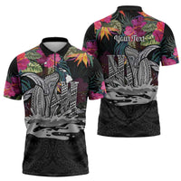 Personalised Hawaii Zipper Polo Shirt Humpback Whale Tattoo With Tropical Flowers Black LT14 - Polynesian Pride