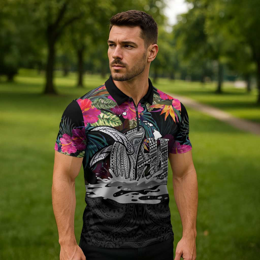 Personalised Hawaii Zipper Polo Shirt Humpback Whale Tattoo With Tropical Flowers Black LT14 - Polynesian Pride