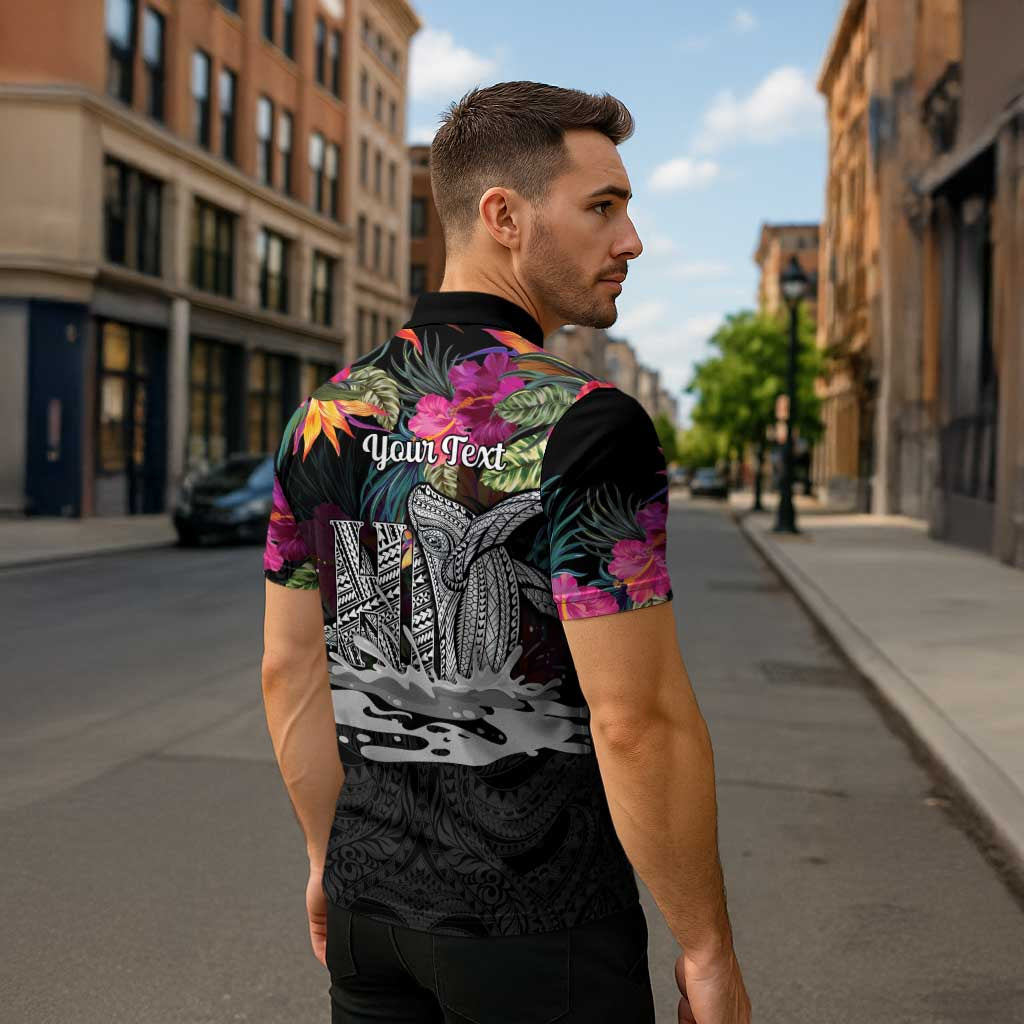 Personalised Hawaii Zipper Polo Shirt Humpback Whale Tattoo With Tropical Flowers Black LT14 - Polynesian Pride