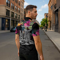 Personalised Hawaii Zipper Polo Shirt Humpback Whale Tattoo With Tropical Flowers Black LT14 - Polynesian Pride