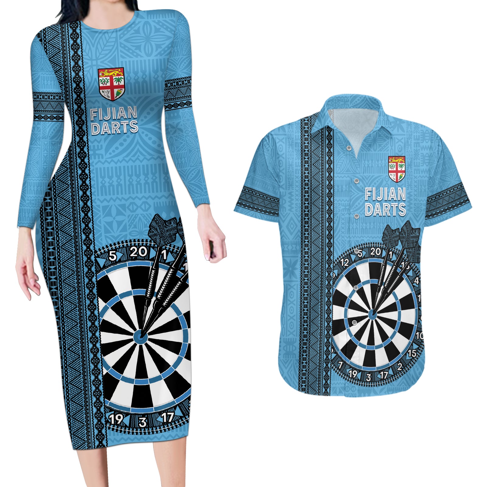 Personalised Fiji Darts Couples Matching Long Sleeve Bodycon Dress and Hawaiian Shirt Fijian Tapa Pattern - Blue