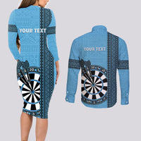 Personalised Fiji Darts Couples Matching Long Sleeve Bodycon Dress and Long Sleeve Button Shirt Fijian Tapa Pattern - Blue