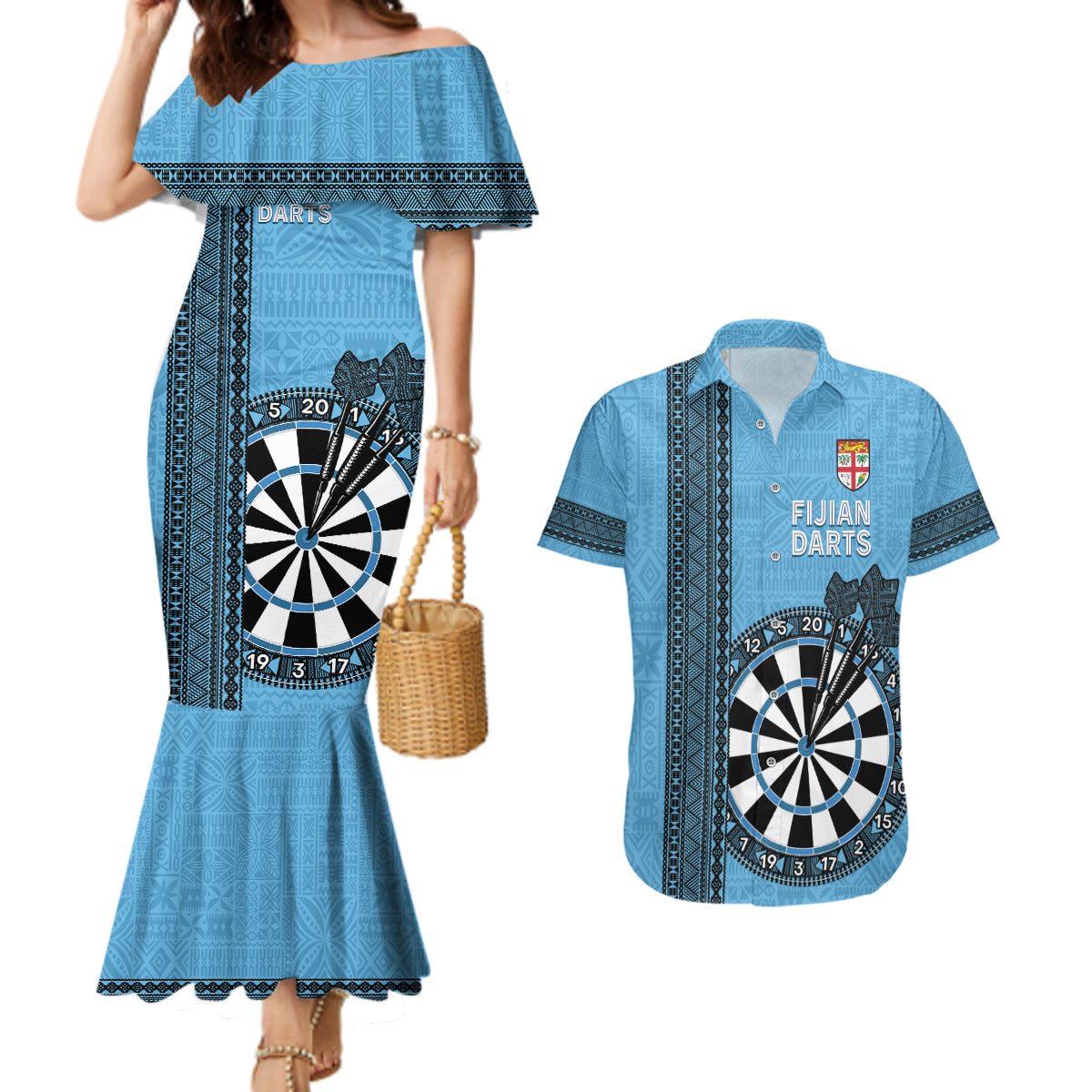 Personalised Fiji Darts Couples Matching Mermaid Dress and Hawaiian Shirt Fijian Tapa Pattern - Blue