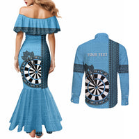 Personalised Fiji Darts Couples Matching Mermaid Dress and Long Sleeve Button Shirt Fijian Tapa Pattern - Blue