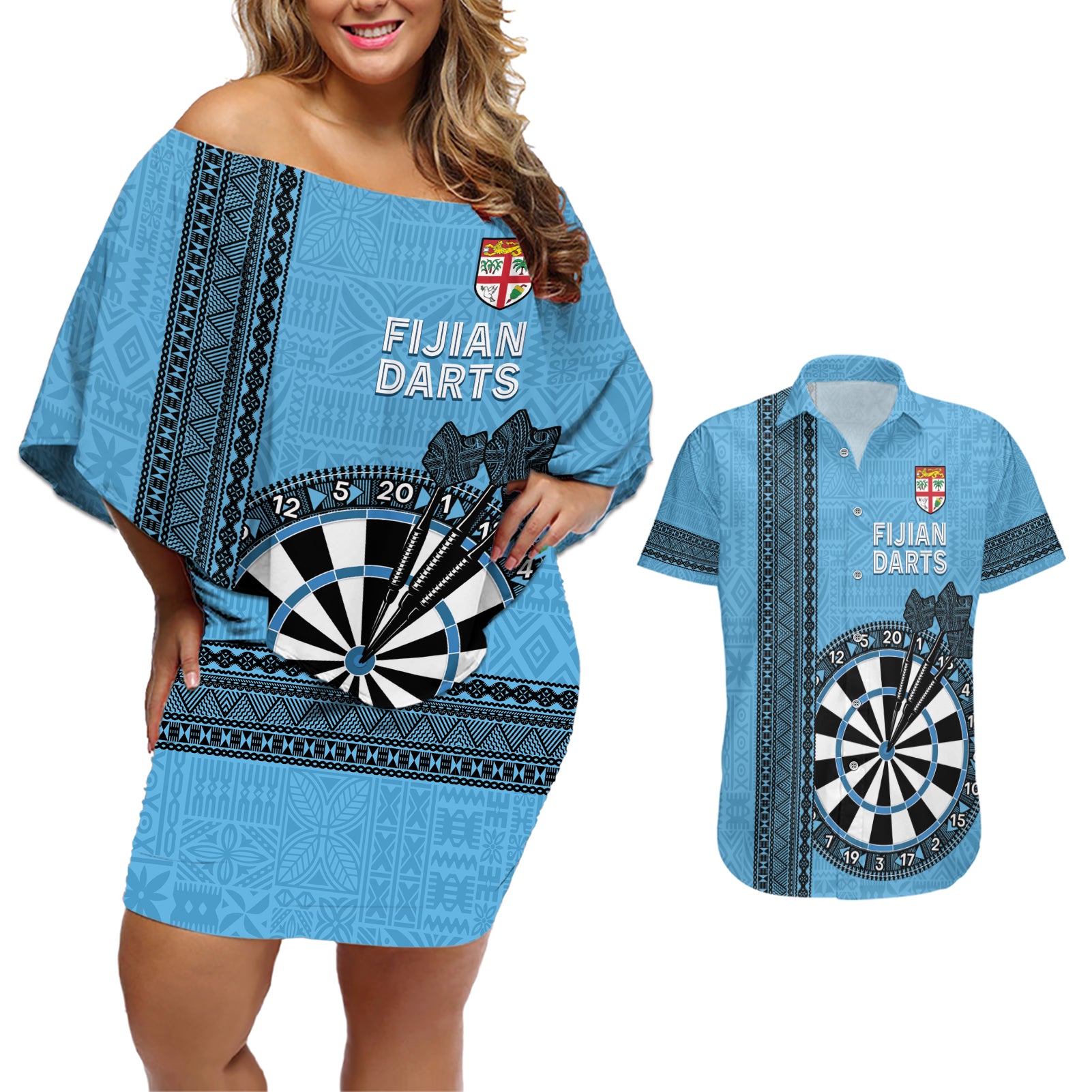 Personalised Fiji Darts Couples Matching Off Shoulder Short Dress and Hawaiian Shirt Fijian Tapa Pattern - Blue