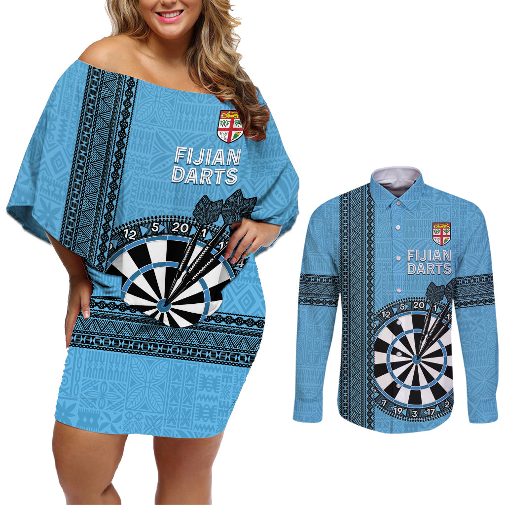 Personalised Fiji Darts Couples Matching Off Shoulder Short Dress and Long Sleeve Button Shirt Fijian Tapa Pattern - Blue