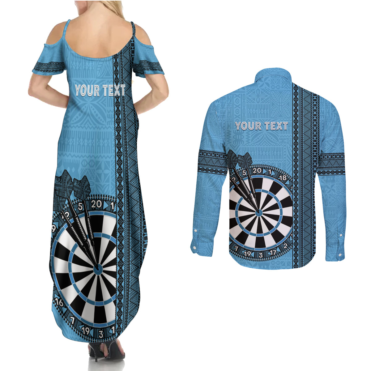 Personalised Fiji Darts Couples Matching Summer Maxi Dress and Long Sleeve Button Shirt Fijian Tapa Pattern - Blue