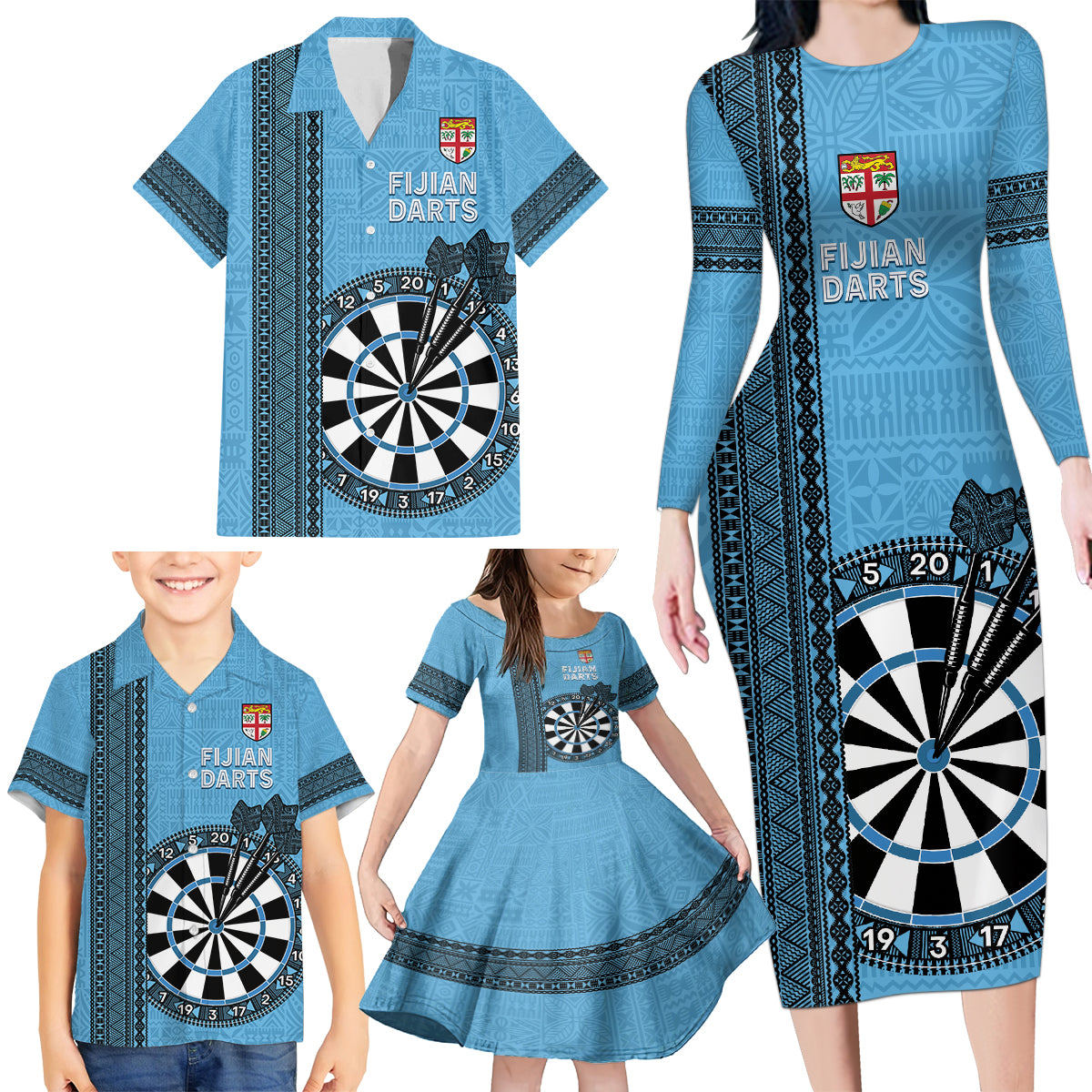 Personalised Fiji Darts Family Matching Long Sleeve Bodycon Dress and Hawaiian Shirt Fijian Tapa Pattern - Blue