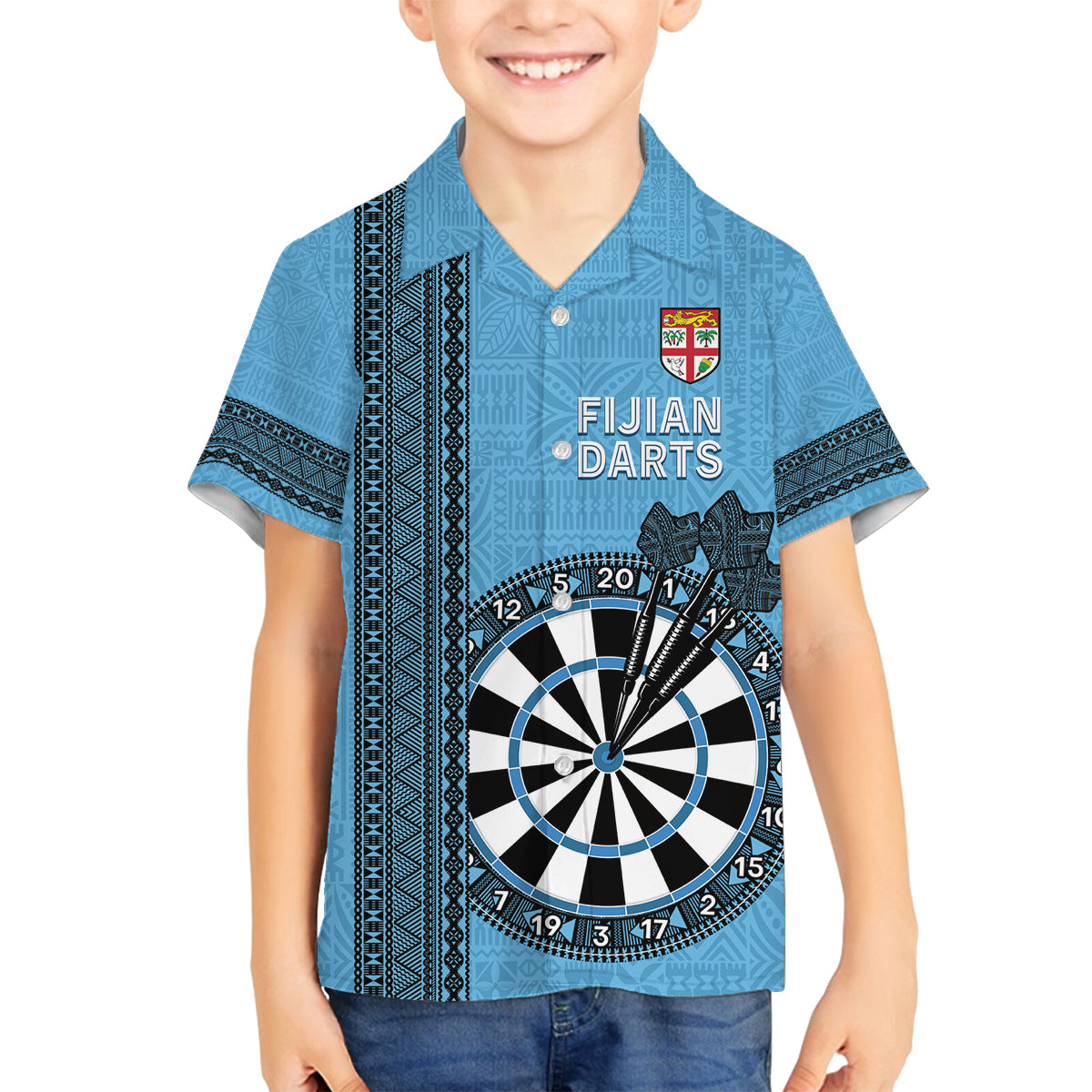 Personalised Fiji Darts Family Matching Off Shoulder Short Dress and Hawaiian Shirt Fijian Tapa Pattern - Blue