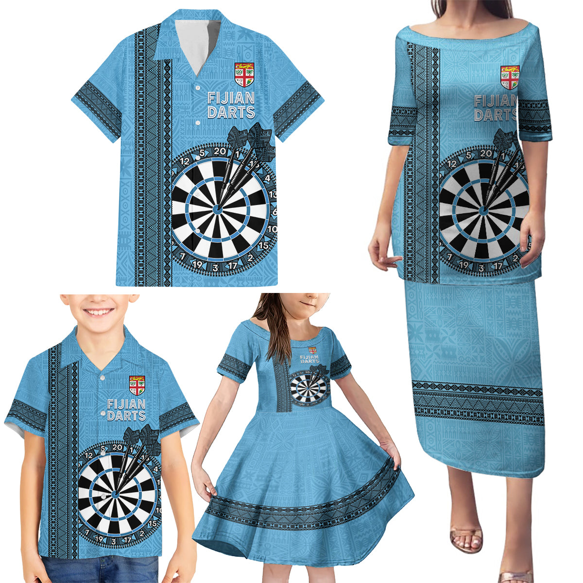 Personalised Fiji Darts Family Matching Puletasi and Hawaiian Shirt Fijian Tapa Pattern - Blue