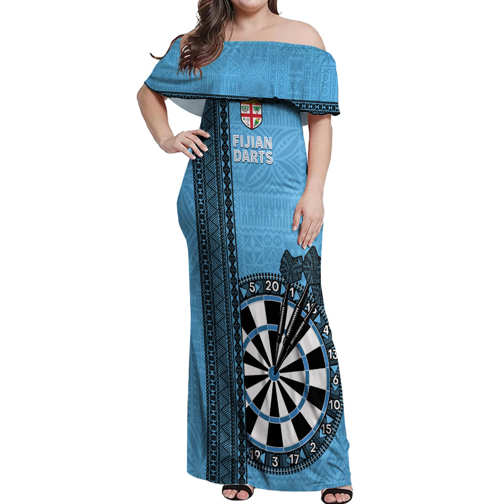 Personalised Fiji Darts Off Shoulder Maxi Dress Fijian Tapa Pattern - Blue