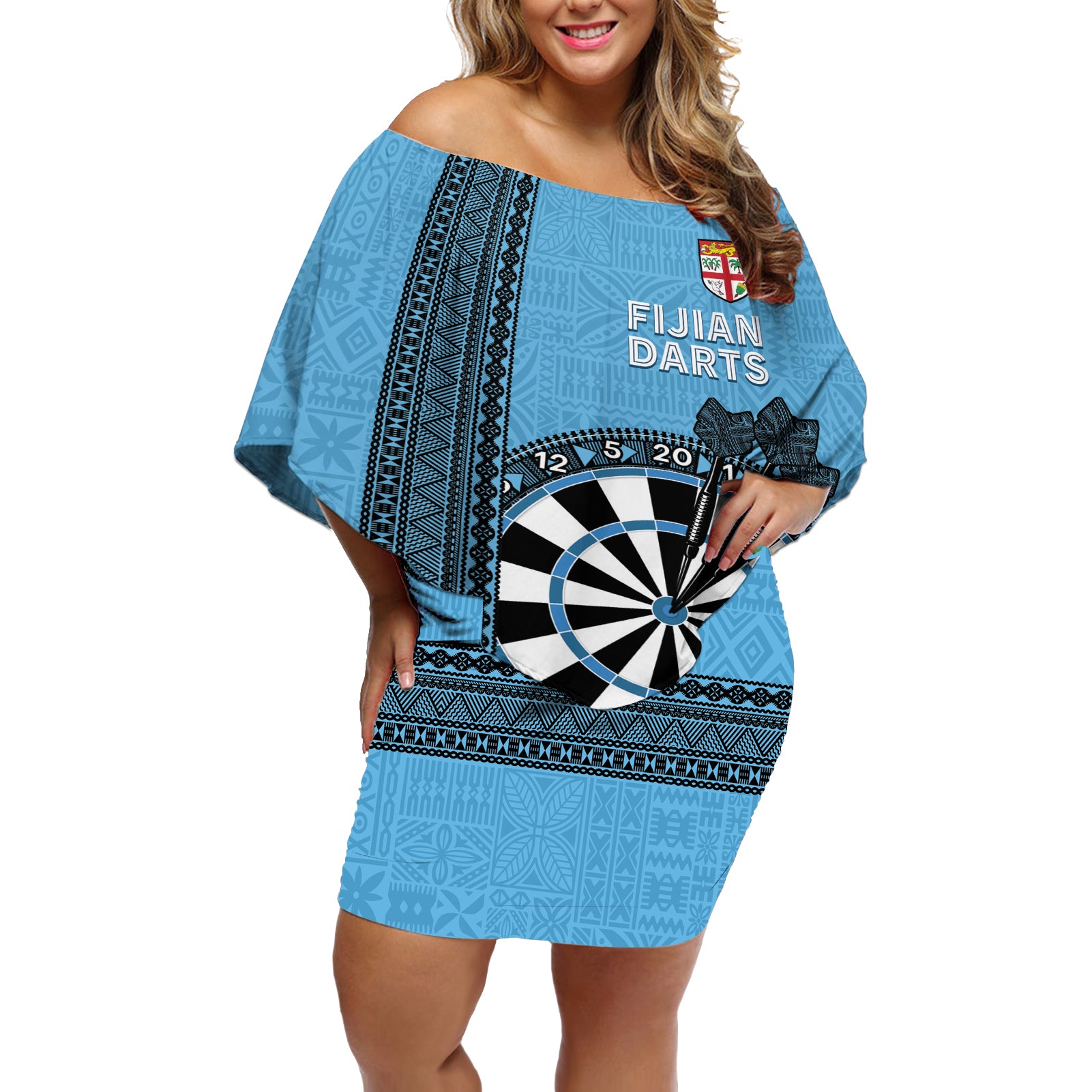 Personalised Fiji Darts Off Shoulder Short Dress Fijian Tapa Pattern - Blue