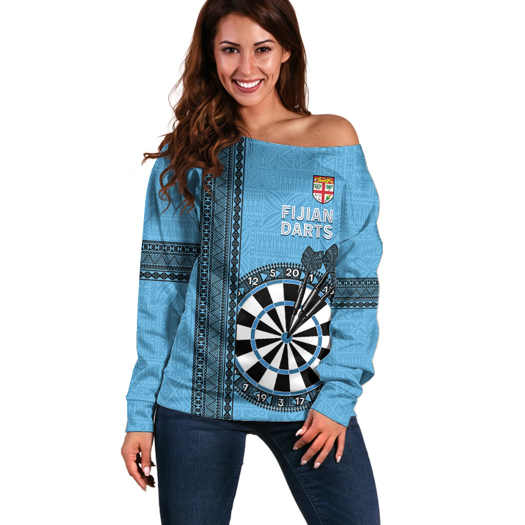 Personalised Fiji Darts Off Shoulder Sweater Fijian Tapa Pattern - Blue