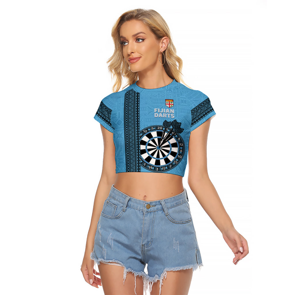 Personalised Fiji Darts Raglan Cropped T Shirt Fijian Tapa Pattern - Blue