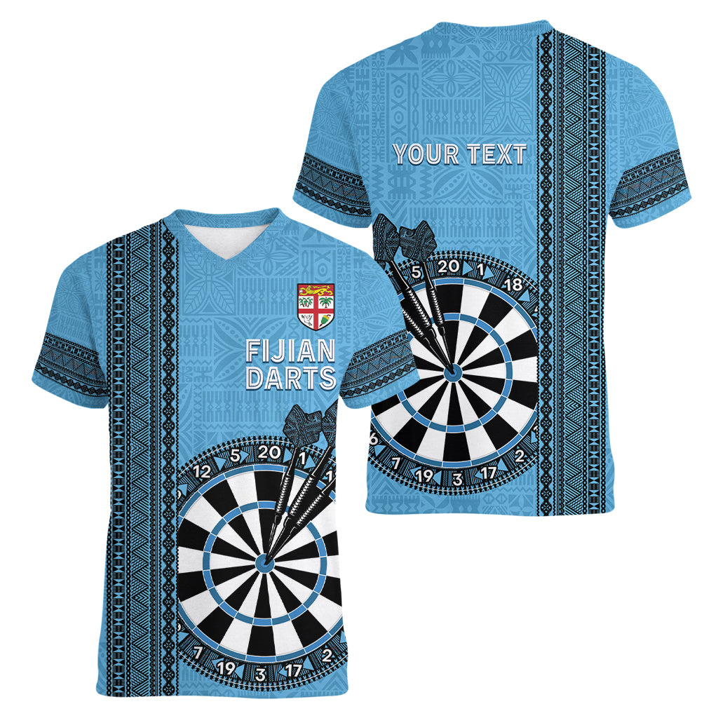 Personalised Fiji Darts Women V-Neck T-Shirt Fijian Tapa Pattern - Blue
